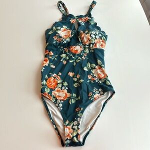 Cupshe Teal Floral Scalloped Crisscross One Piece Swimsuit | Size M